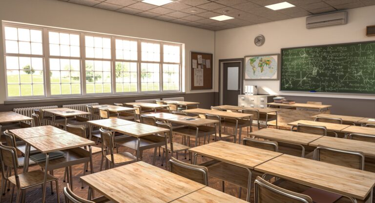 classe con banchi di scuola in legno